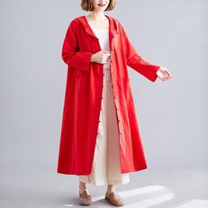 Katoen en linnen jas los mid-length Retro Literaire Buckle Cloak Grootte: Gratis maat