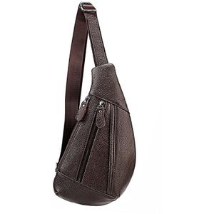 6019 Litchi Texture Genuine Leather Crossbody Chest Bag For Men(Coffee)