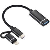 USB 3.0 Vrouwelijke tot 8 Pin + USB-C / Type-C Male Charging + Transmission OTG Nylon Gevlochten Adapter Kabel  Kabel Lengte: 11cm (Zwart)