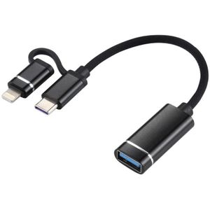 USB 3.0 Vrouwelijke tot 8 Pin + USB-C / Type-C Male Charging + Transmission OTG Nylon Gevlochten Adapter Kabel  Kabel Lengte: 11cm (Zwart)