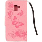Voor Galaxy A8 (2018) relif Vintage bloemen vlinder patroon horizontale Flip lederen draagtas met kaartslot & houder & portemonnee & Lanyard(Pink)