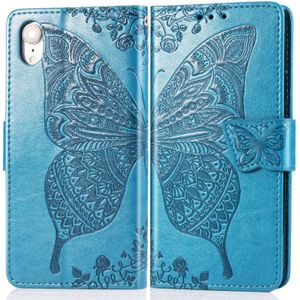 Butterfly Love bloemen relif horizontale Flip lederen case voor iPhone XR  met houder & kaartsleuven & portemonnee & Lanyard (blauw)
