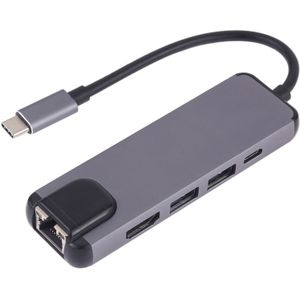 5 in 1 type-C naar HDMI + USB 3 0 + USB 3 0 + type-C + LAN-kaartlezer adapter (grijs)