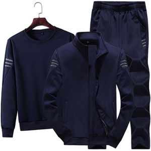 3 in 1 Herfst Dun Fluweel Ronde Hals Dieptepunt Shirt + Opstaande Kraag Vest Jas + Broek Casual Sport Pak voor Mannen (Kleur: Donkerblauw Maat: XXXXL)