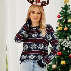 Dames kerstgebreide trui met ronde hals  sneeuwvlok-kerstsweater met lange mouwen  maat: L
