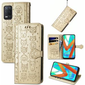 Voor Oppo Realme V15 5G Leuke Kat en Hond Ingebouwde Horizontale Flip Leren Case met Houder & Card Slots & Wallet & Lanyard (Goud)