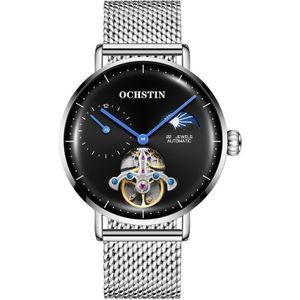 OCHSTIN 6121 Vliegwiel mechanisch horloge Fashion Hollow Full Automatic Mechanical Watch Business Men Watch Stainless Steel Watch Waterproof Watch (Zilver Zwart)