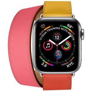 Twee kleur dubbele lus lederen polsband horlogebandje voor Apple horloge serie 3 & 2 & 1 38 mm  kleur: Amber + oranje rood + licht Rose rood