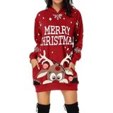 Vrouwen Kerst Elk Print Lange Mouwen Sweatshirt Jurk (Kleur: Rood Maat: XXXL)