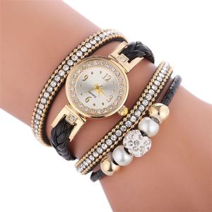 Duoya D249 geweven twisted parels ronde analoge Quartz pols armband horloge voor dames (zwart)