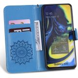 Gedrukt afdrukken zonnebloem patroon horizontale Flip PU lederen case voor Galaxy A80  met houder & kaartsleuven & portemonnee & Lanyard (blauw)