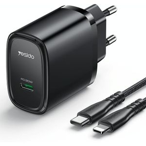 Yesido YC57BL PD 20W USB-C / Type-C poort snellader met Type-C naar 8-pins kabel  EU-stekker