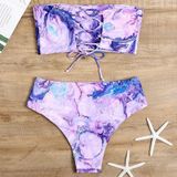 2 in 1 polyester tie-dye tube top bikini dames hoge taille split badpak set met borst pad (kleur: paarse maat: L)