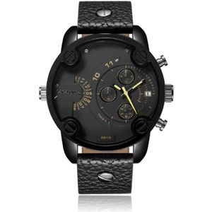 Cagarny 6819 Multifunctionele dubbele tijdzone kwarts Business Sport Watch voor mannen (zwart shell zwart oppervlak zwart leer)