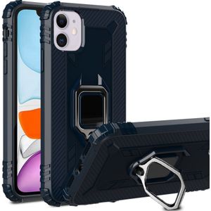 Voor iPhone 12 5 4 inch carbon fiber beschermhoes met 360 graden roterende ringhouder(Blauw)