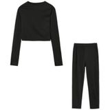 Herfst winter effen kleur slim fit lange mouwen sweatshirt + broek pak voor dames (kleur: zwart maat: m)