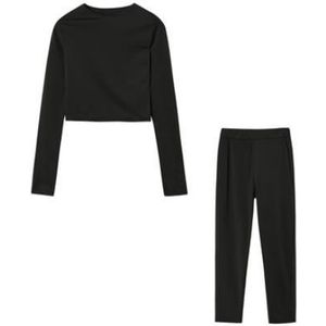 Herfst winter effen kleur slim fit lange mouwen sweatshirt + broek pak voor dames (kleur: zwart maat: m)