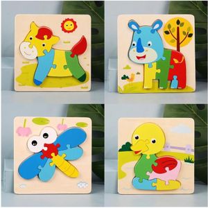 4 PC's / Sets van kinderen voorschoolse educatie driedimensionale houten dierlijke puzzel speelgoed (Duck + Libelle + Rhino + Pony)