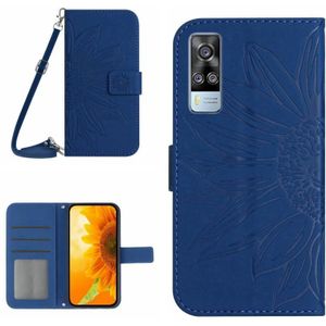 Voor Vivo Y51 2020 India Editie/Y31 Huid Voelen Zon Bloem Patroon Flip Lederen Telefoon Case Met Lanyard (Donkerblauw)