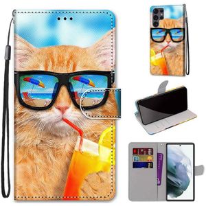 For Samsung Galaxy S22 Ultra 5G Coloured Drawing Cross Texture Horizontal Flip Leather Phone Case with Holder & Card Slots & Wallet & Lanyard(Cat Drinking Soda)