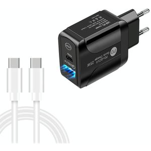 PD25W USB-C / TYPE-C + QC3.0 USB DUBELE PORTS Snelle oplader met USB-C naar USB-C-gegevenskabel  EU-plug