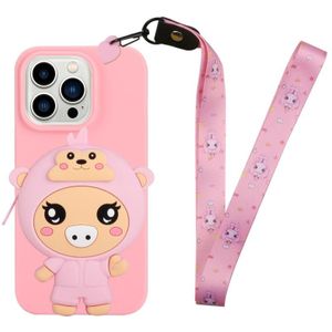 Voor iPhone 14 Pro siliconen portemonnee telefoonhoesje met lanyard (dieproze varken)