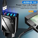 30W QC 3.0 USB + 3 USB 2.0-poorten Mobiele telefoon Tablet PC Universele snellader reislader  EU-stekker(Zwart)