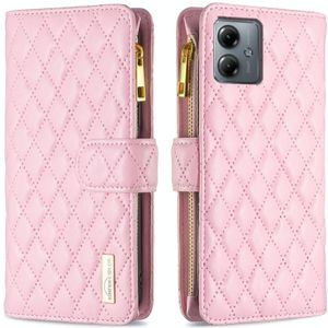 Voor Motorola Moto G14 4G Diamond Lattice Rits Portemonnee Lederen Flip Telefoonhoesje (Roze)