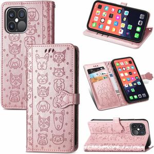 Leuke kat en hond relif horizontale flip lederen tas met houder & kaart slots & portemonnee & lanyard voor iphone 13 pro max (rose goud)