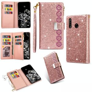 Voor Huawei P30 lite Multi-card Slots Starry Sky Laser Carving Glitter Zipper Horizontale Flip Lederen Case met Holder & Wallet & Lanyard(Rose Gold)