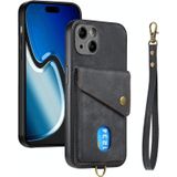 Voor iPhone 15 Plus Retro Card Wallet Fold Leather Phone Case met riem