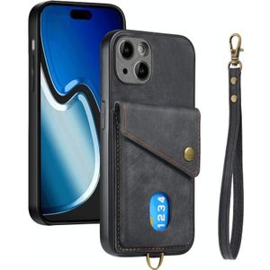 Voor iPhone 15 Plus Retro Card Wallet Fold Leather Phone Case met riem