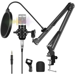 PULUZ condensator microfoon studio uitzending professionele zingen microfoon kits met ophanging schaar arm& metalen schok mount & USB-geluidskaart (zilver)