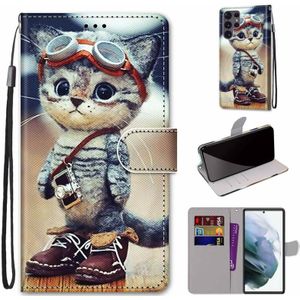 For Samsung Galaxy S22 Ultra 5G Coloured Drawing Cross Texture Horizontal Flip PU Phone Leather Case with Holder & Card Slots & Wallet & Lanyard(Colorful Layer(Leather Shoes Cat)