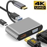 USB C naar HDMI VGA 4K-adapter 4-in-1 Type C-adapterhub naar HDMI VGA USB 3.0 Digital AV Multiport Adapter met USB-C PD-oplaadpoort compatibel voor Nintendo Switch/Samsung/MacBook(Grijs)