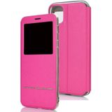 Voor iPhone 11 matte textuur horizontale Flip beugel mobiele telefoon holster venster met beller-ID en metalen knop schuif om te ontgrendelen (magenta)