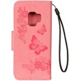 Voor Galaxy S9 Vintage relif bloemen vlinder patroon horizontale Flip lederen draagtas met kaartslot & houder & portemonnee & Lanyard(Pink)