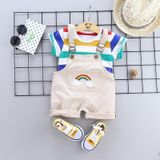 Zomer tweedelige baby bretels pak gestreepte korte mouwen zomer jurk (kleur: beige maat: 110)