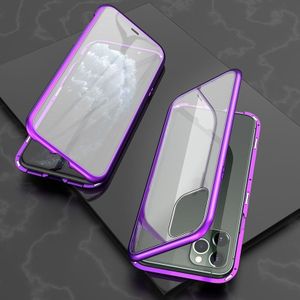 Voor iPhone 11 Pro ultra slanke dubbele zijden magnetische adsorptie hoek frame gehard glas magneet flip case (paars)