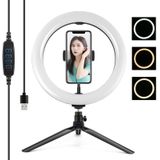 PULUZ Desktop Tripod Mount + 10 2 inch 26cm USB 3 Modes Dimable Dual Color Temperature LED Curved Diffuse Light Ring Vlogging Selfie Photography Video Lights with Phone Clamp (Black) PULUZ Desktop Tripod Mount + 10.2 inch 26cm USB 3 Modes Dimable Dua