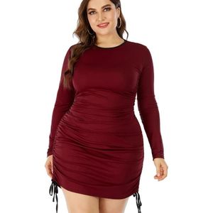Vrouwen grote maat ronde hals lange mouw jurk (kleur: wijn rood maat: XXL)