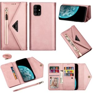 Voor Samsung Galaxy A71 Skin Feel Zipper Horizontale Flip Lederen case met Holder & Card Slots & Photo Frame & Lanyard & Long Rope (Rose Gold)