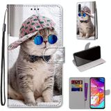 Voor Samsung Galaxy A70 Coloured Drawing Cross Texture Horizontale Flip PU Lederen case met Holder & Card Slots & Wallet & Lanyard (Oblique Hat Blue Mirror Cat)