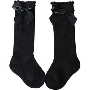 Kinderen sokken peuters meisjes grote boog knie hoge lange zachte katoen kant baby sokken  maat: S (zwart)