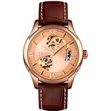 SKMEI 9223 Mannen Automatic Hollow Through Bottom Watch Student Leather Watch Belt Mechanisch Horloge  Kleur:RosGouden Shell Gouden Gezicht