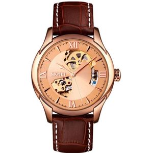 SKMEI 9223 Mannen Automatic Hollow Through Bottom Watch Student Leather Watch Belt Mechanisch Horloge  Kleur:RosGouden Shell Gouden Gezicht