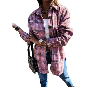 Revers lang mouwen plaid cardigan shirt losse casual wollen jas voor dames (kleur: roze maat: XL)