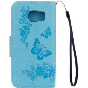 Voor Galaxy S7 Active geperst bloemen vlinder patroon horizontale Flip lederen draagtas met houder & kaartsleuven & portemonnee & Lanyard(Blue)