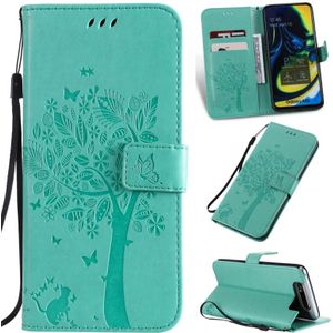 Boom & kat patroon gedrukt afdrukken horizontale Flip PU lederen draagtas met houder & kaartsleuven & portemonnee & Lanyard voor Galaxy A80 (groen)