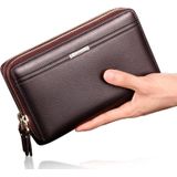 LEINASEN A80 Multi-Card Mannen Hand Bag Dubbele Rits Grote Capaciteit Portemonnee (Bruin)